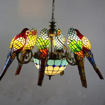 PLLY Tiffany Parrot Люстра Светодиодная Винтажная Креативная Цветная Стеклянная Подвесная Лампа Декор для Дома Гостиной Спальни Отеля 2