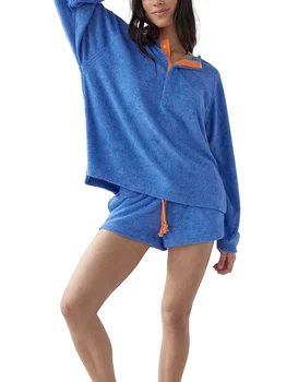 Женский плюшевый пижамный комплект из 2 предметов, костюмы для отдыха, топы с длинными рукавами и шорты с завязками, пижамные комплекты 1