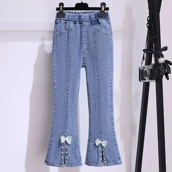 Джинсы для девочек-подростков, весенне-осенние Новые расклешенные брюки, повседневные джинсы для детей, брюки, верхняя одежда 1