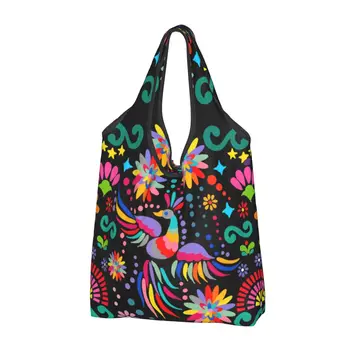 Забавная текстильная сумка для покупок с мексиканским цветочным рисунком, портативная сумка для покупок через плечо, красочная сумка с вышивкой. 1