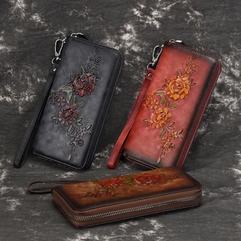 Роскошный длинный кошелек из кожи растительного дубления, украшенный цветочным узором, длинный кошелек из кожи с одной застежкой-молнией для 6-дюймового iPhone 1