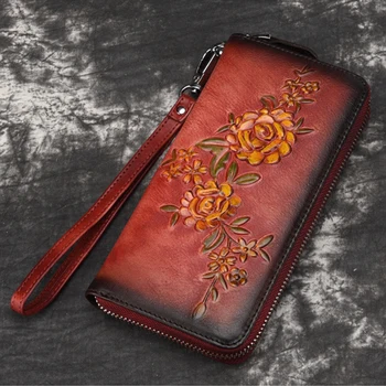 Роскошный длинный кошелек из кожи растительного дубления, украшенный цветочным узором, длинный кошелек из кожи с одной застежкой-молнией для 6-дюймового iPhone 2