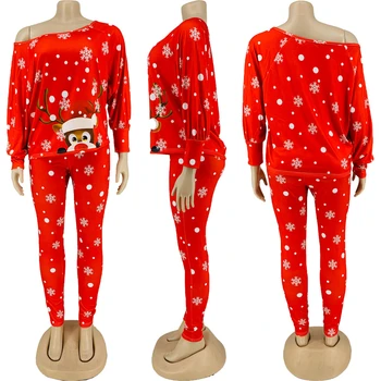 Женский спортивный костюм с рождественским принтом, открытыми плечами, длинным рукавом, свободными топами и брюками, повседневный комплект из двух предметов, домашняя одежда для отдыха. 2
