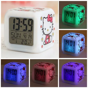 Мультяшный будильник Sanrio Hello Kitty Kawaii со светодиодным экраном, Красочное Немое Ночное Свечение, Электронные Часы, Часы для изголовья кровати в спальне, Подарки 1
