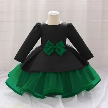 Летнее платье MQATZ для крещения детей 1 года, Зеленое, с длинным рукавом, для Дня рождения малышей, для крещения детей, бант, Черная одежда для маленьких девочек 1