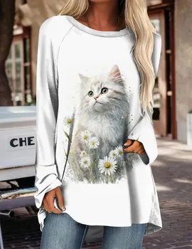 Женская футболка с длинным рукавом, высококачественная удобная футболка с длинным рукавом и 3D принтом кота, осенняя модная свободная футболка S-5XL 1