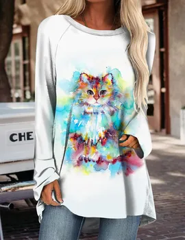 Женская футболка с длинным рукавом, высококачественная удобная футболка с длинным рукавом и 3D принтом кота, осенняя модная свободная футболка S-5XL 2