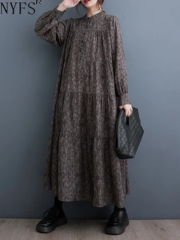 NYFS 2023 Осеннее Новое Корейское Женское Платье Vestidos Robe Elbise Свободное Длинное Платье С Принтом в стиле Пэчворк Размера Плюс 1
