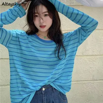 Полосатые футболки Женские в корейском стиле, мешковатые, шикарные, солнцезащитные, уютные, с круглым вырезом, винтажная уличная одежда, универсальная повседневная весенняя мода для студентов 1