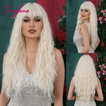 Кудрявый Волнистый белый синтетический парик, Парик из длинных платиновых волос с челкой, косплей, вечеринка на Хэллоуин для женщин, натуральное термостойкое волокно 1