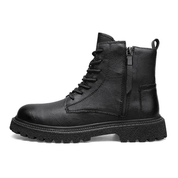Зимние Теплые Уличные Черные ботинки, мужские Мотоциклетные ботинки, армейские ботинки, мужские Ботильоны из натуральной кожи, Черные мужские ботинки с высоким берцем 1