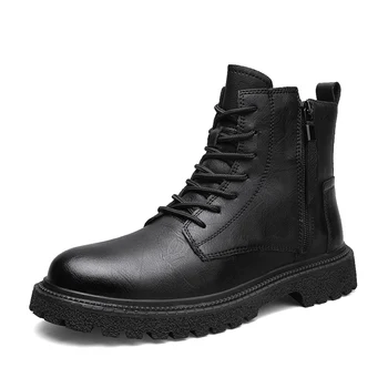 Зимние Теплые Уличные Черные ботинки, мужские Мотоциклетные ботинки, армейские ботинки, мужские Ботильоны из натуральной кожи, Черные мужские ботинки с высоким берцем 2