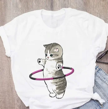WT48 Женская футболка С милым котом, Забавная футболка с героями мультфильмов, футболка с принтом, Модная эстетическая Футболка, женская