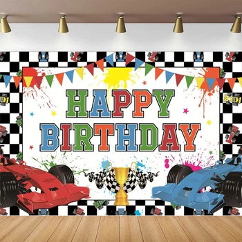 Фон для фотосъемки клетчатый гоночный автомобиль С Днем рождения, фон для гоночной вечеринки, плакат, принадлежности для украшения, баннер 1