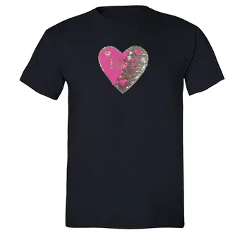 Мужская розовая футболка с серебряным сердечком, обратимый флип-подарок на день Святого Валентина, расшитая блестками 1