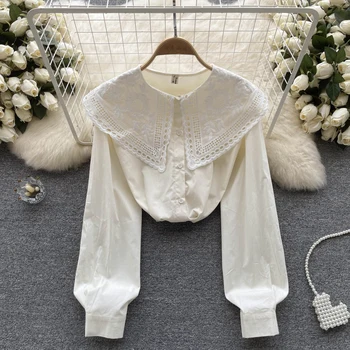 Корейская милая Темпераментная кружевная кукольная рубашка с воротником, Свободная однобортная рубашка с баской с длинными рукавами