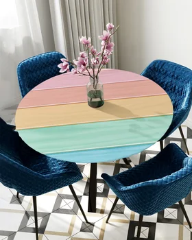 Круглая скатерть Wood Grain Candy Rainbow, Эластичное покрытие стола, Водонепроницаемые аксессуары для украшения обеденного стола в помещении и на улице 1