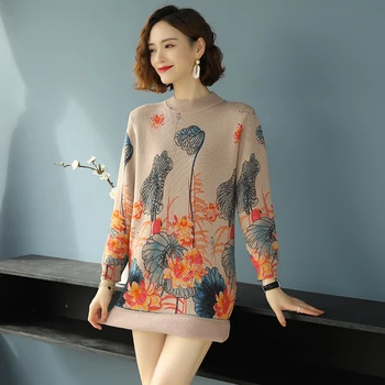 Зимний теплый свитер, женское платье с цветочным рисунком, элегантный пуловер из плотного теплого трикотажа с принтом