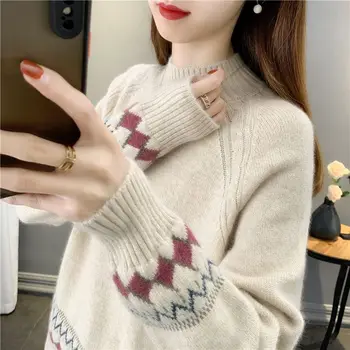 Женский свитер-пуловер свободного кроя с полуприлегающим высоким воротником, женский осенне-зимний трикотаж, свитер-пуловер с длинным рукавом, женский пуловер