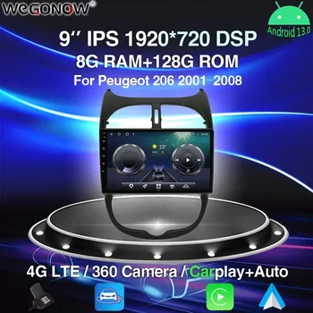 360 Камера беспроводной CarPlay DSP Android 13 Автомобильный Радиоприемник 8G + 256G Для Peugeot 206 2001-2008 4G LTE Мультимедийный плеер GPS RDS Стерео 1