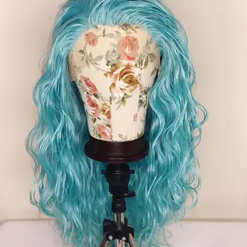 Волна воды Светло-голубой парик с кружевом спереди Прозрачные синтетические волосы Парики с кружевом спереди Для женщин Термостойкий косплей 1