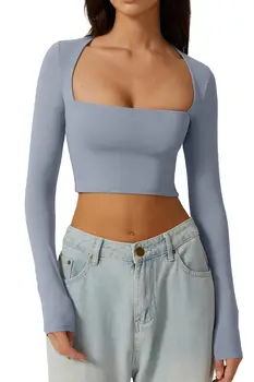Женская футболка с квадратным вырезом Y2k, однотонная футболка с длинным рукавом, облегающий укороченный топ, модная клубная одежда 1