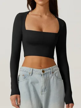 Женская футболка с квадратным вырезом Y2k, однотонная футболка с длинным рукавом, облегающий укороченный топ, модная клубная одежда 2