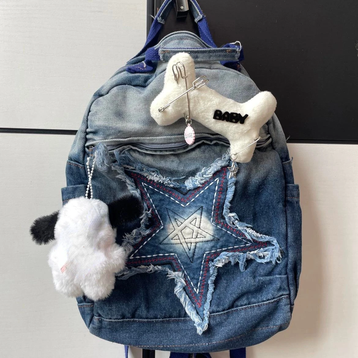 2023 Новый винтажный джинсовый рюкзак с градиентной звездой в стиле пэчворк, эстетичный женский рюкзак в корейском стиле, студенческий ранец большой емкости Изображение 1