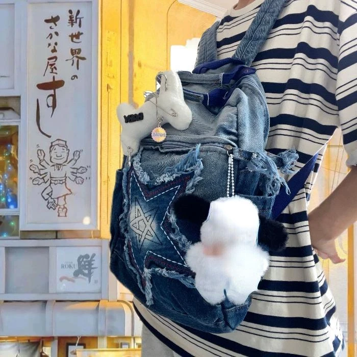 2023 Новый винтажный джинсовый рюкзак с градиентной звездой в стиле пэчворк, эстетичный женский рюкзак в корейском стиле, студенческий ранец большой емкости Изображение 2