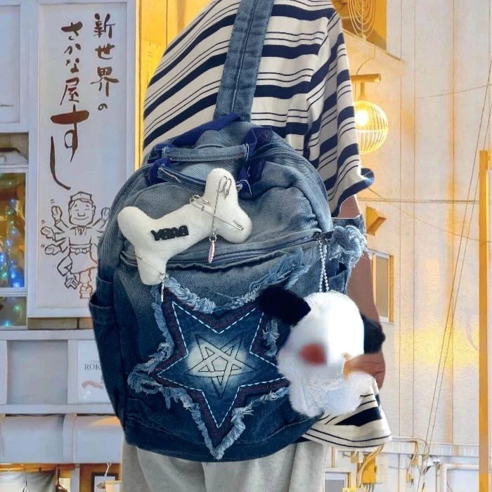 2023 Новый винтажный джинсовый рюкзак с градиентной звездой в стиле пэчворк, эстетичный женский рюкзак в корейском стиле, студенческий ранец большой емкости Изображение 3