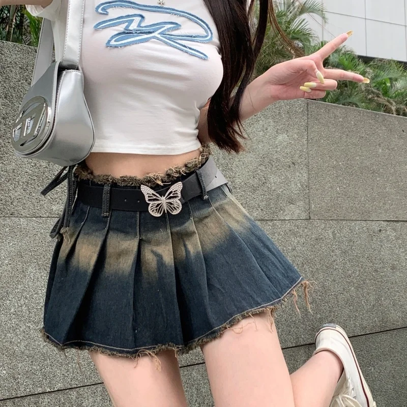2023 Хип-хоп Цельная Винтажная вечерняя мини-джинсовая юбка Harajuku с низкой посадкой, Бандажная линия, плиссированные юбки Y2K в эстетическом стиле Гранж Изображение 5
