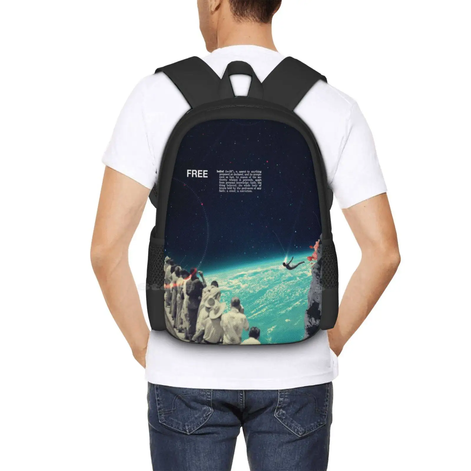 Бесплатные Новые поступления сумок унисекс Студенческая сумка рюкзак Винтажный Collageart Space People Sight Sky Diver Free Belief Universe Изображение 5