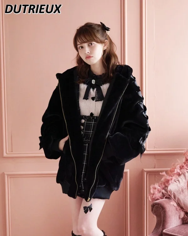 Высококачественное японское зимнее пальто Sweet Cute Mine, плюшевая хлопковая куртка с милыми заячьими ушками, пальто в стиле Лолиты для милых девочек, женская одежда Изображение 1