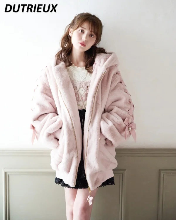 Высококачественное японское зимнее пальто Sweet Cute Mine, плюшевая хлопковая куртка с милыми заячьими ушками, пальто в стиле Лолиты для милых девочек, женская одежда Изображение 2