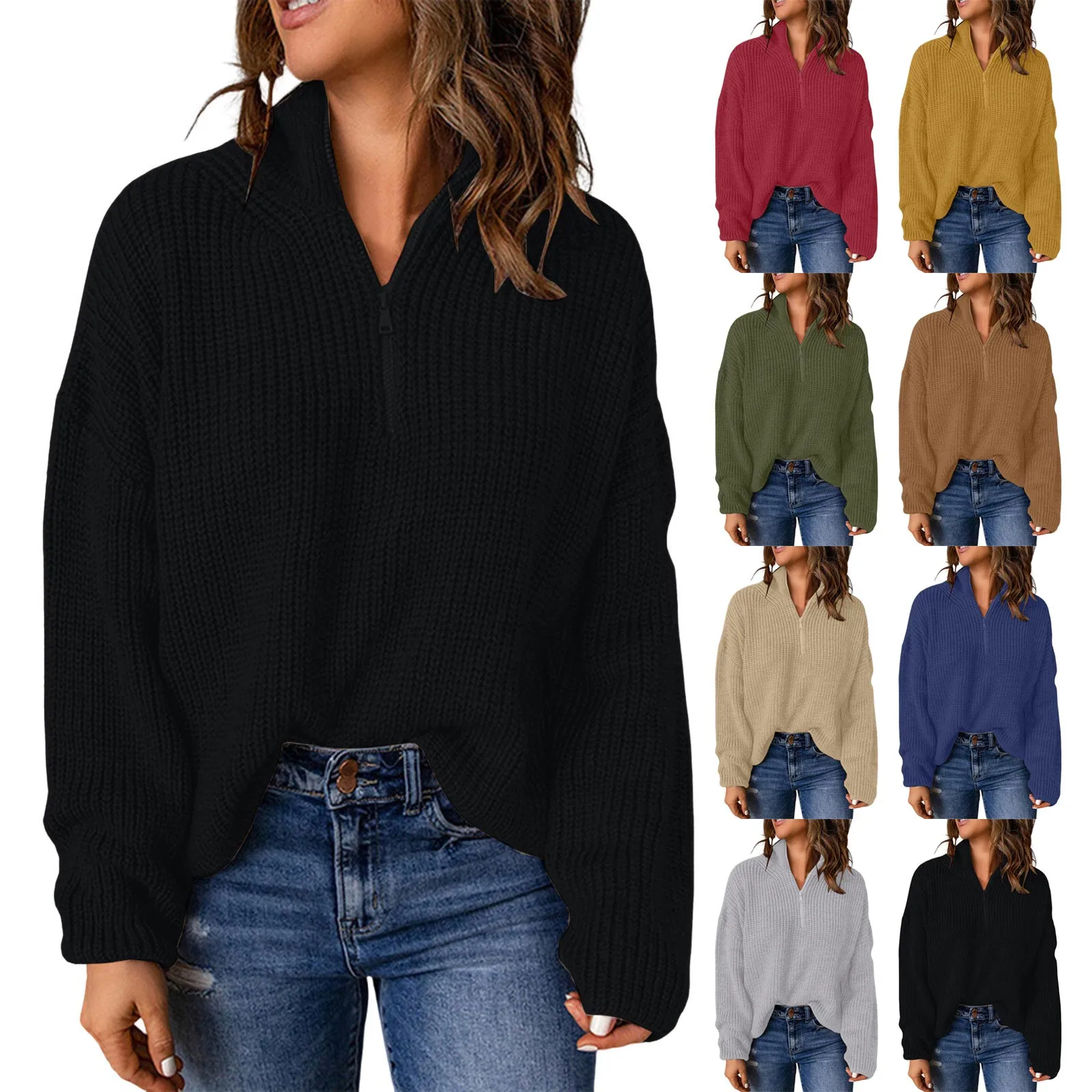 Женские свитера плотной вязки с длинным рукавом, повседневные пуловеры с V-образным вырезом на 1/4 молнии, топы, вязаный топ, женская одежда, пуловеры Изображение 1