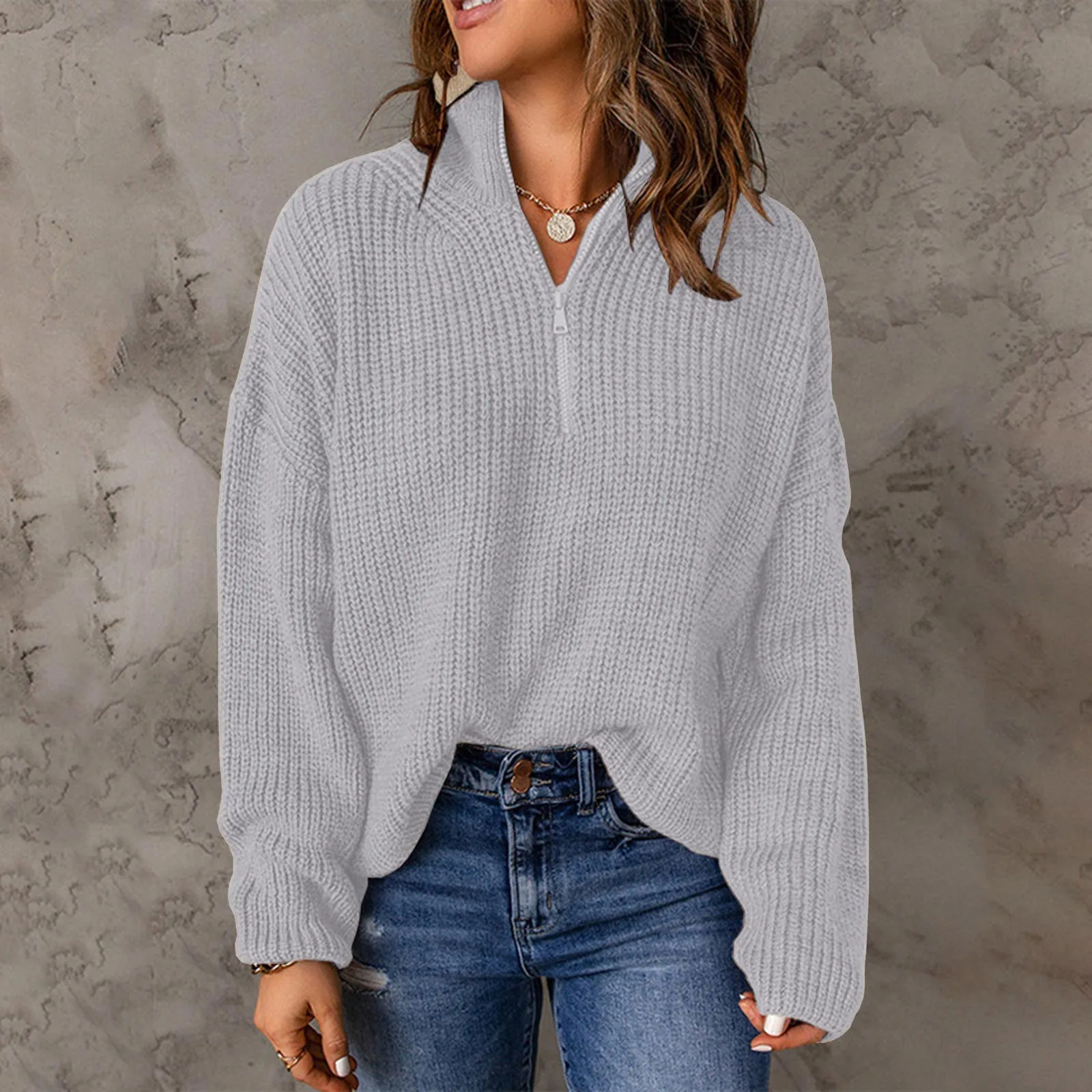 Женские свитера плотной вязки с длинным рукавом, повседневные пуловеры с V-образным вырезом на 1/4 молнии, топы, вязаный топ, женская одежда, пуловеры Изображение 5