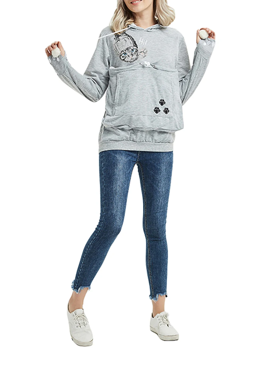 Женский пуловер с капюшоном и принтом милой мультяшной собачки, длинный рукав, большой карман спереди, свободная толстовка с плюшевым шариком на весну Изображение 4