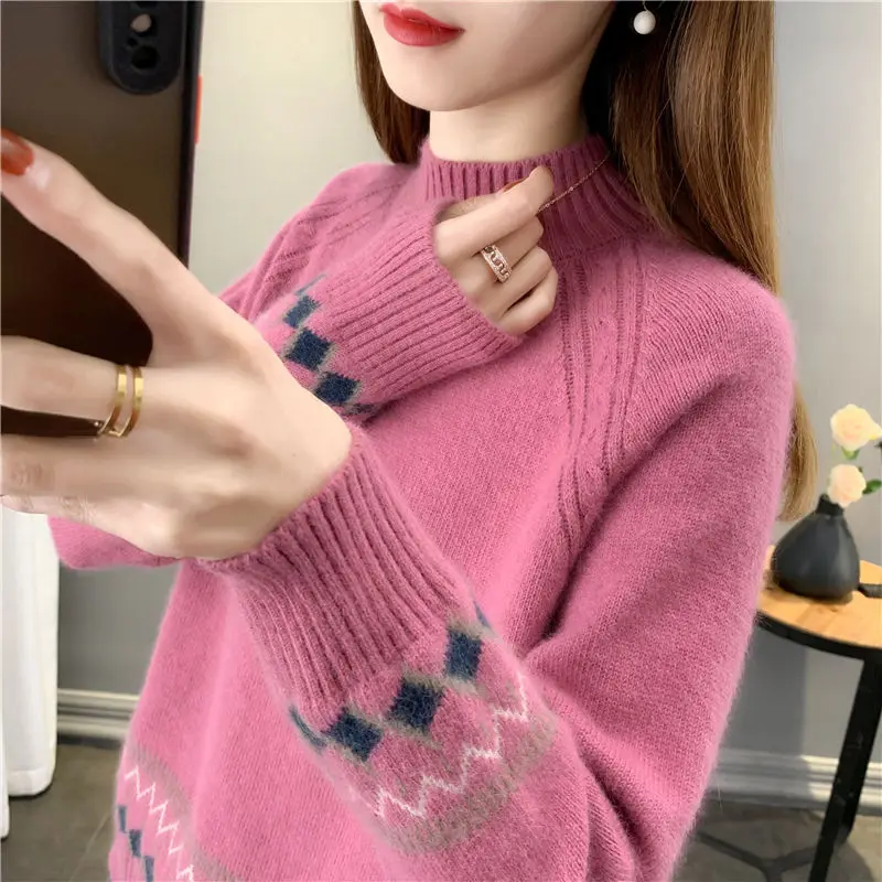 Женский свитер-пуловер свободного кроя с полуприлегающим высоким воротником, женский осенне-зимний трикотаж, свитер-пуловер с длинным рукавом, женский пуловер Изображение 1