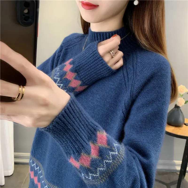 Женский свитер-пуловер свободного кроя с полуприлегающим высоким воротником, женский осенне-зимний трикотаж, свитер-пуловер с длинным рукавом, женский пуловер Изображение 2