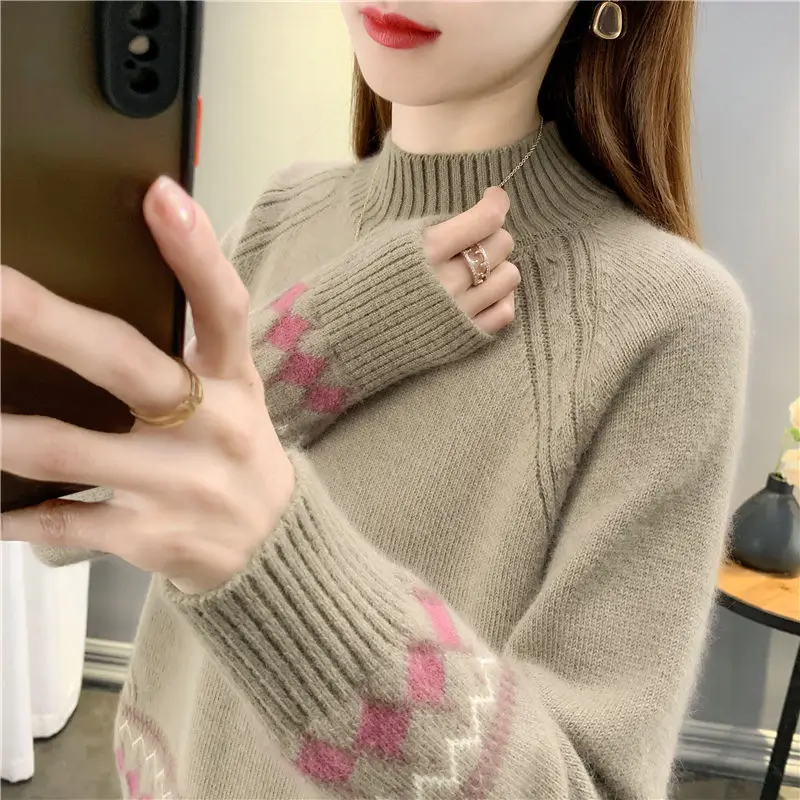 Женский свитер-пуловер свободного кроя с полуприлегающим высоким воротником, женский осенне-зимний трикотаж, свитер-пуловер с длинным рукавом, женский пуловер Изображение 3