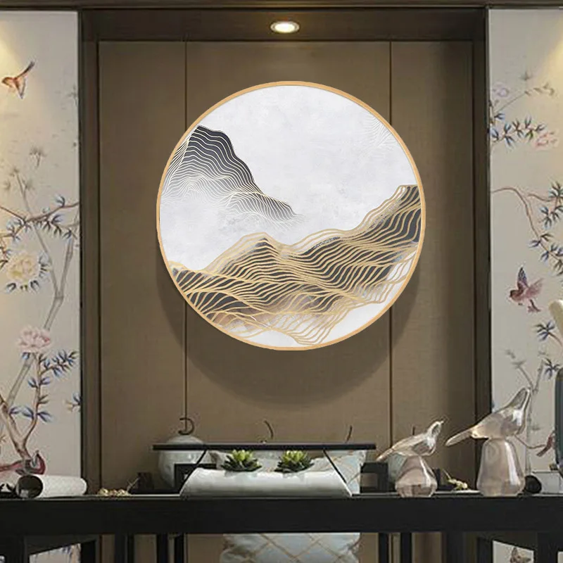 Новая абстрактная декоративная роспись круглой формы китайскими чернилами и золотой нитью из массива дерева Изображение 2