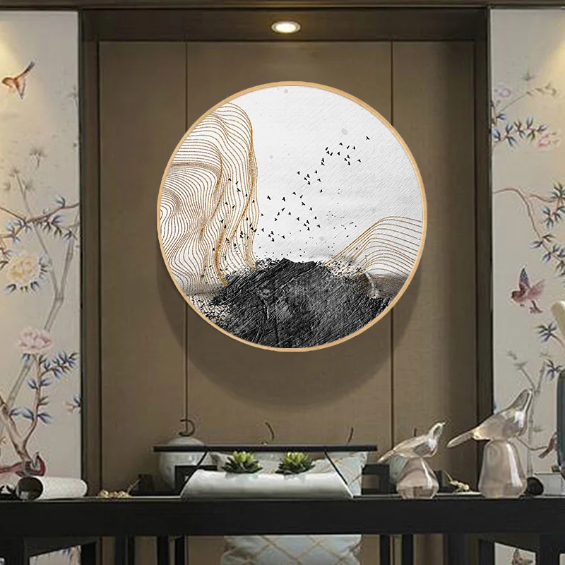 Новая абстрактная декоративная роспись круглой формы китайскими чернилами и золотой нитью из массива дерева Изображение 3