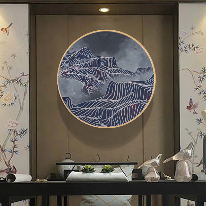 Новая абстрактная декоративная роспись круглой формы китайскими чернилами и золотой нитью из массива дерева Изображение 4