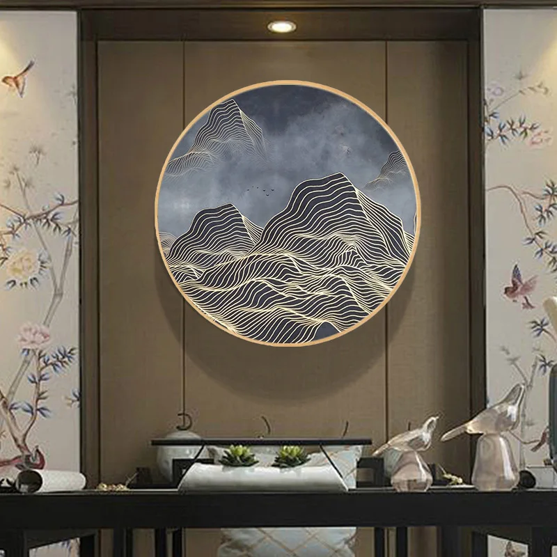 Новая абстрактная декоративная роспись круглой формы китайскими чернилами и золотой нитью из массива дерева Изображение 5