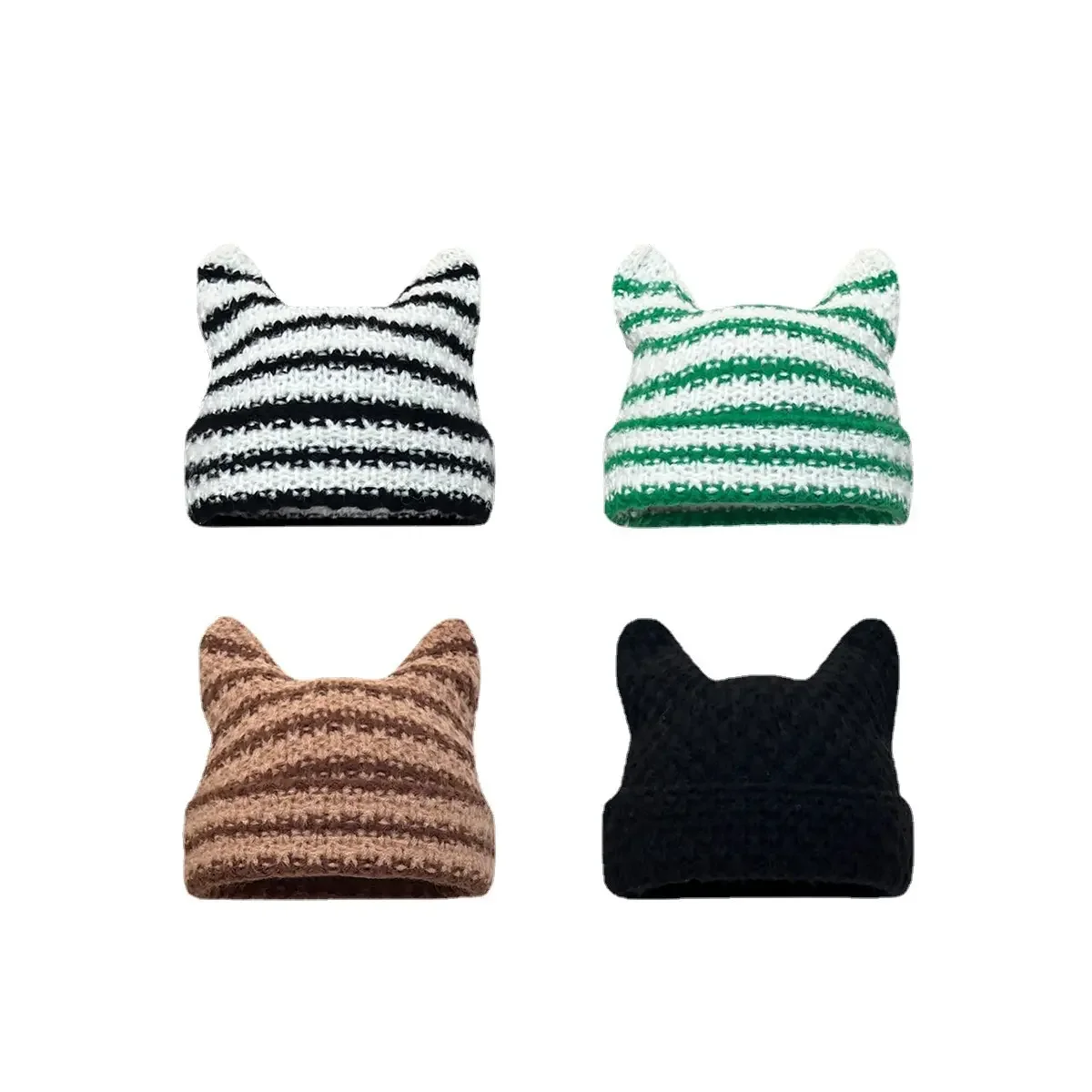Новая осенне-зимняя теплая шерстяная шапка с милыми кошачьими ушками, вязаная шапка в полоску, Утолщающая холодную теплую шапку, Пара универсальных шляп Изображение 5