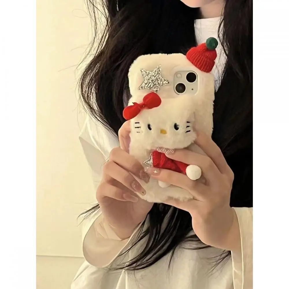 Новый стиль Осень Зима Красный шарф Hello Kitty Чехол для Iphone Iphone15Promax/14/13/12 Рождественская коллекция плюшевый защитный чехол Изображение 4