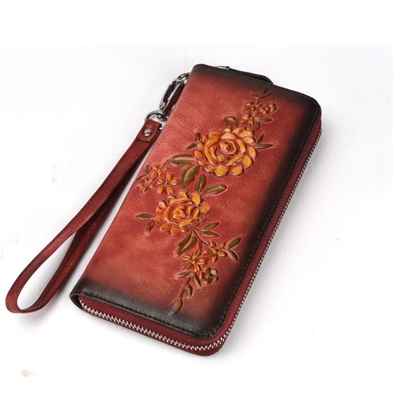Роскошный длинный кошелек из кожи растительного дубления, украшенный цветочным узором, длинный кошелек из кожи с одной застежкой-молнией для 6-дюймового iPhone Изображение 2