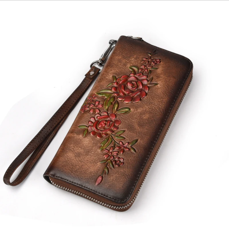Роскошный длинный кошелек из кожи растительного дубления, украшенный цветочным узором, длинный кошелек из кожи с одной застежкой-молнией для 6-дюймового iPhone Изображение 4